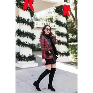 J. Crew Parke Red Tartan Plaid Tuxedo Black Satin Lapel Blazer Jacket Size 14